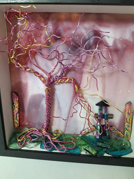 Hand Crafted Other - Hand crafted wire tree on fused glass, pink purple & gold in shadow box.